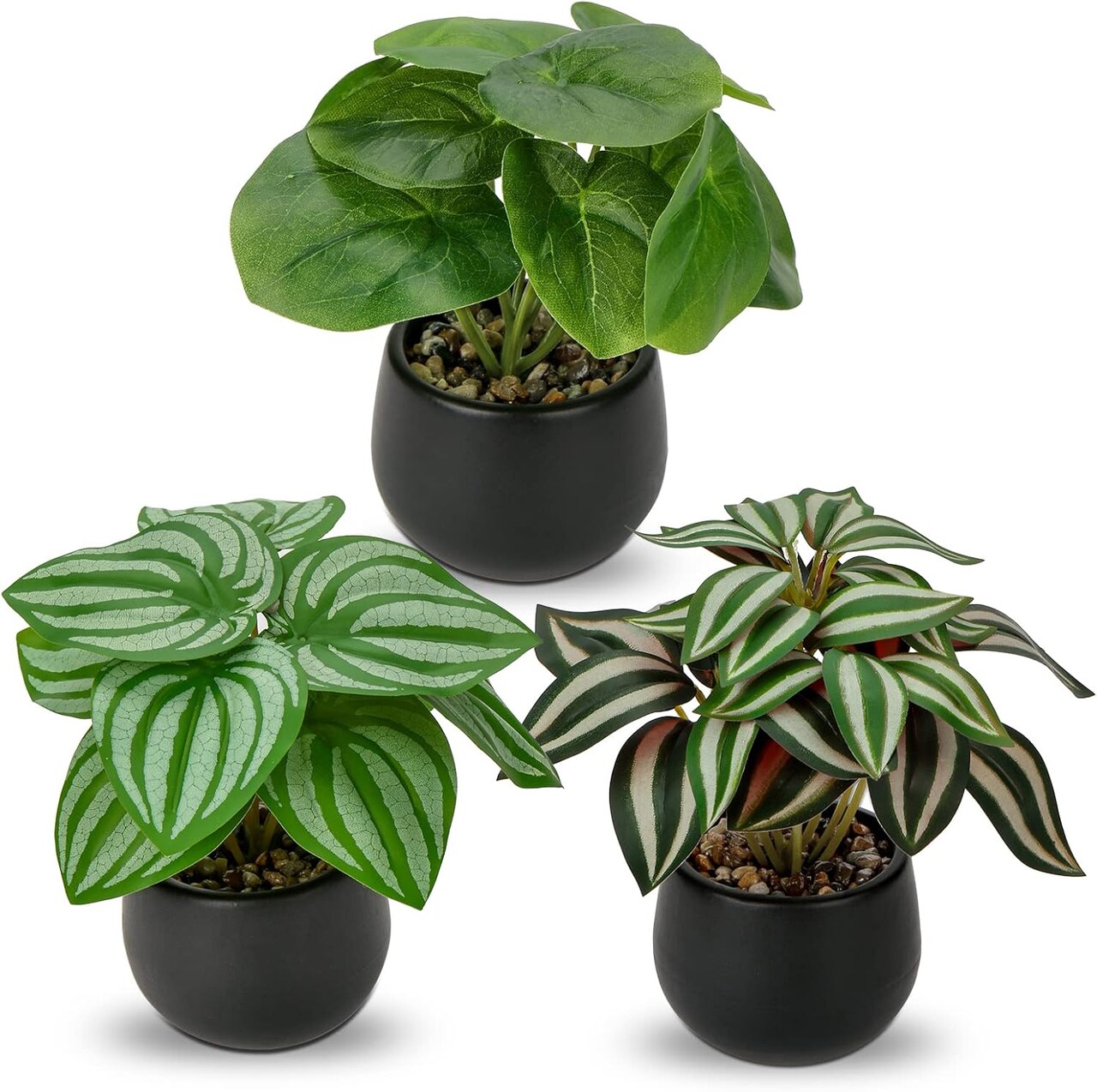 Set of 3 Mini Artificial Greenery Plants in Black Ceramic Pots – Faux Small Potted Plants for Home, Office Desk, Bathroom, Shelf & Farmhouse Decor